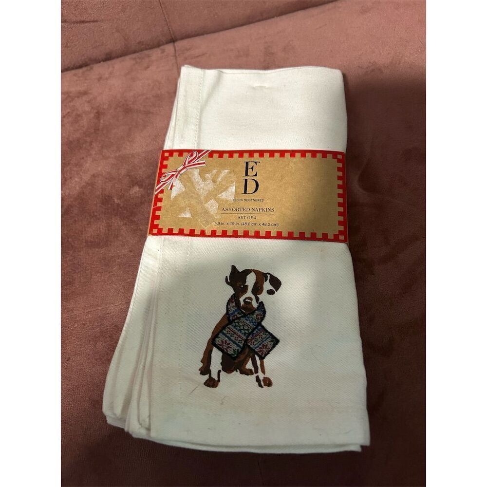 Ellen Degeneres Set of 4 Animal Embroidered Napkins - Dog, Bear, Rabbit Design